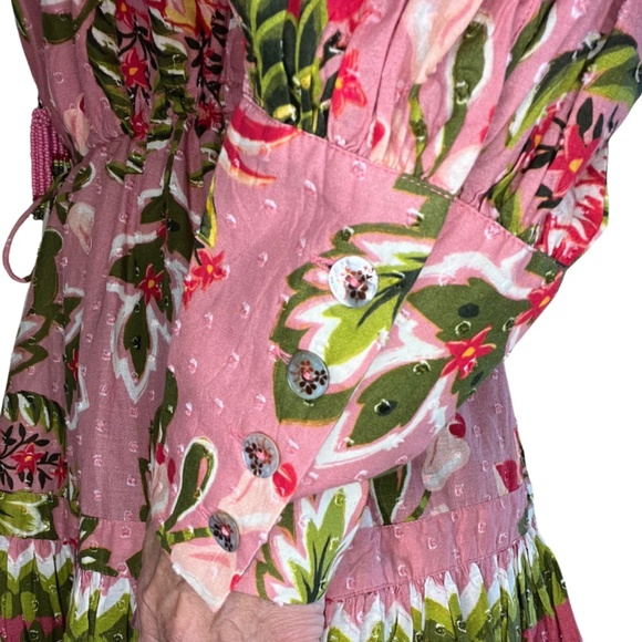 Farm Rio Aura Peasant Dress Women's Pink Floral Cotton Beaded Tassels Boho (S) - Picture 10 of 16